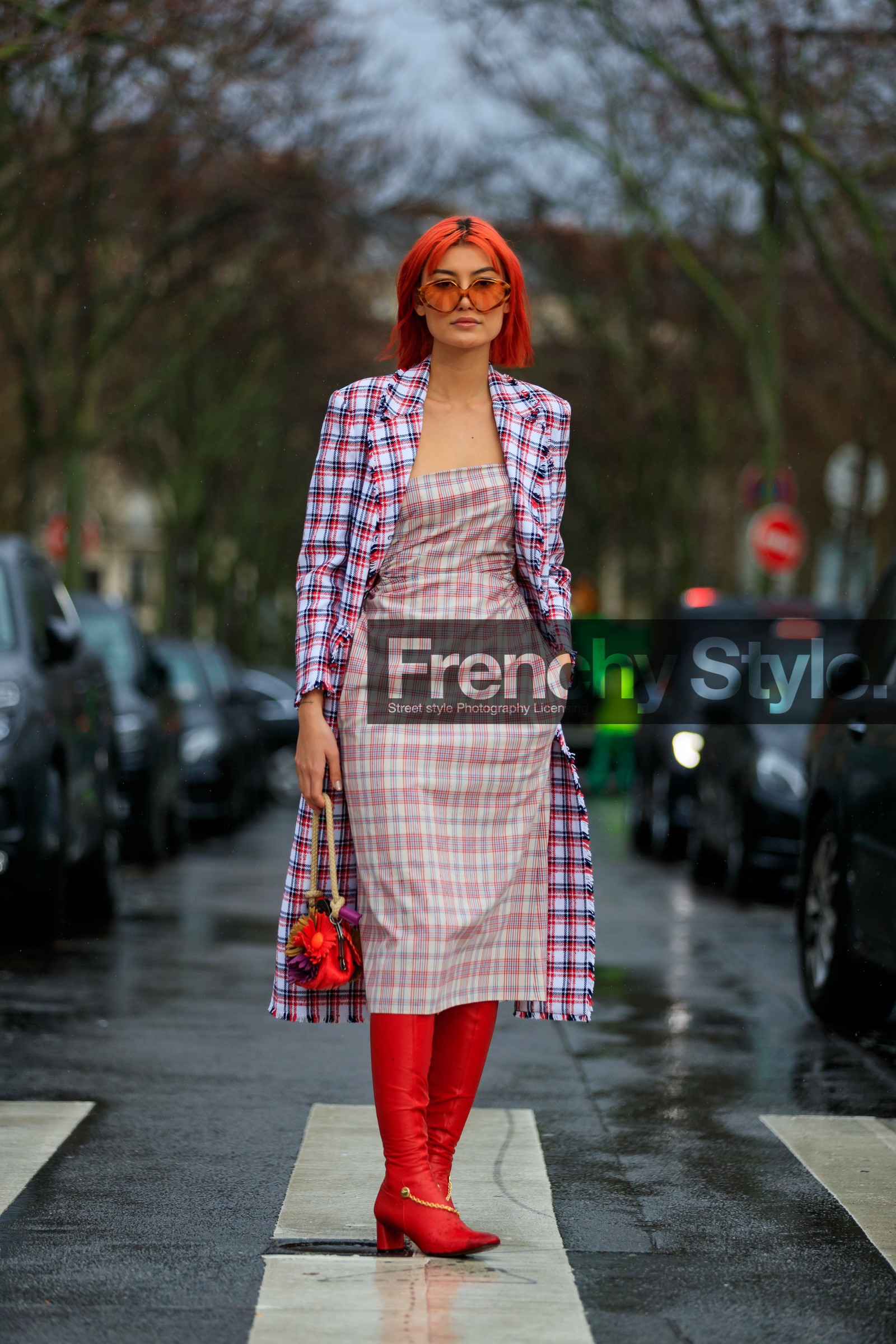 amalie gassmann, orange hair, dyed hair, red dress, red jacket, red leather boots, red bag, checked dress, checked jacket, plaid jacket, plaid dress, long jacket, long dress, scale sunglasses, big sunglasses, round shape sunglasses, floral embroidered bag, high boots, used jacket, kitten heels boots, navy blue dress, navy blue jacket, rope strap bag, fashion week, frenchystyle, FW, jonathan paciullo, street style, PFW, PARIS, vertical, full length