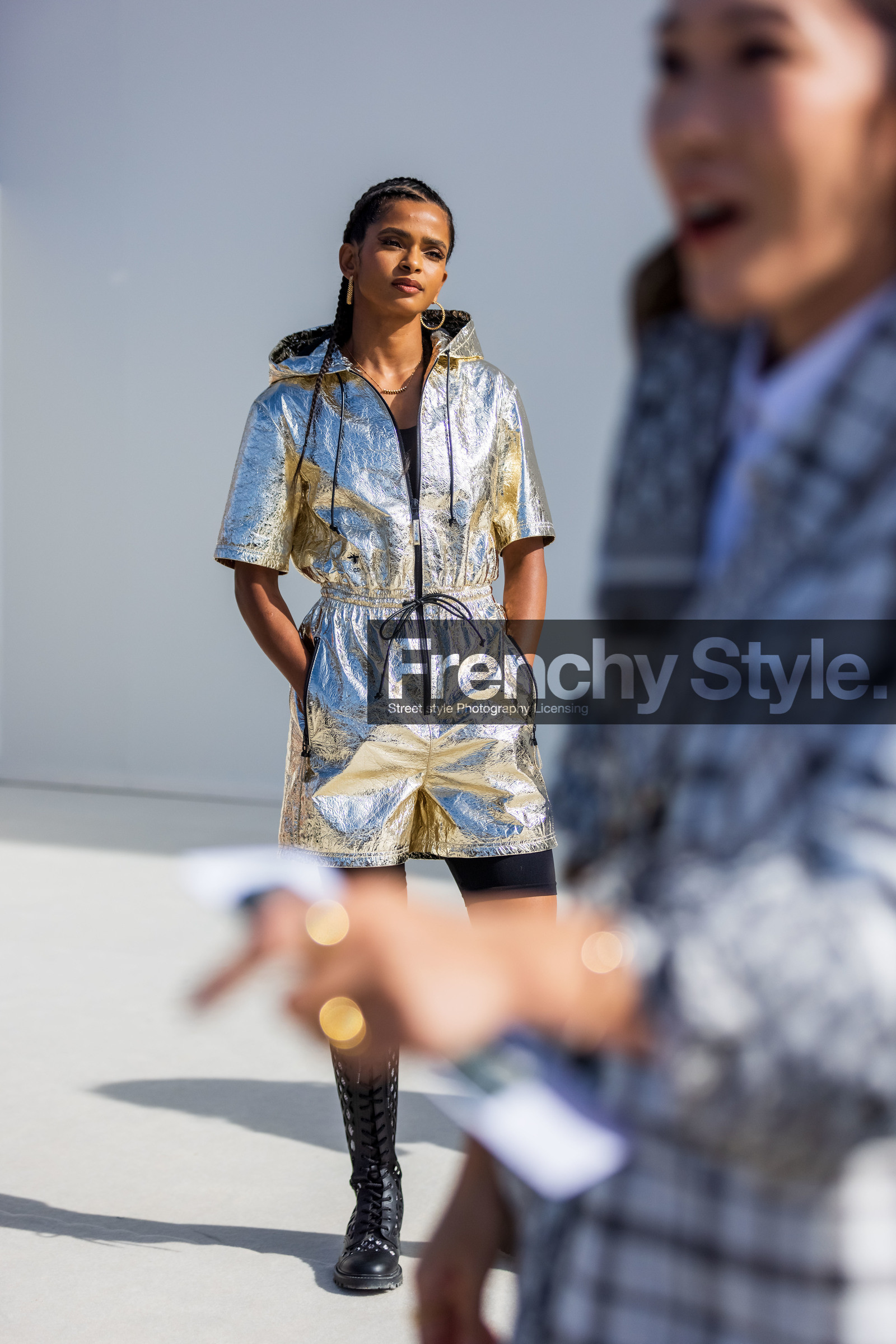 biker short, earrings, gold earrings, hoops, jumpsuit, lace up boots, short jumpsuit, silver jumpsuit, zipped jumpsuit, street style, jonathan paciullo, FW, frenchystyle, fashion week, PFW, PARIS, SPRING SUMMER 2022, SS 22, vertical, full length