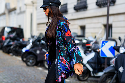 atmosphere details, black cap, detail, fashion week, floral, flowers, frenchystyle, FW, graphic jacket, horizontal, jonathan paciullo, multicolor jacket, PARIS, PFW, printed jacket, SPRING SUMMER 2018, SS 18, street style, sunglasses, trousers