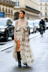 camila coelho, white top, white dress, strapless dress, turtleneck top, lurex top, golden top, ruffle dress, checked dress, asymetrical dress, long dress, black leather boots, high boots, fashion week, frenchystyle, FW, jonathan paciullo, street style, PFW, PARIS, vertical, full length