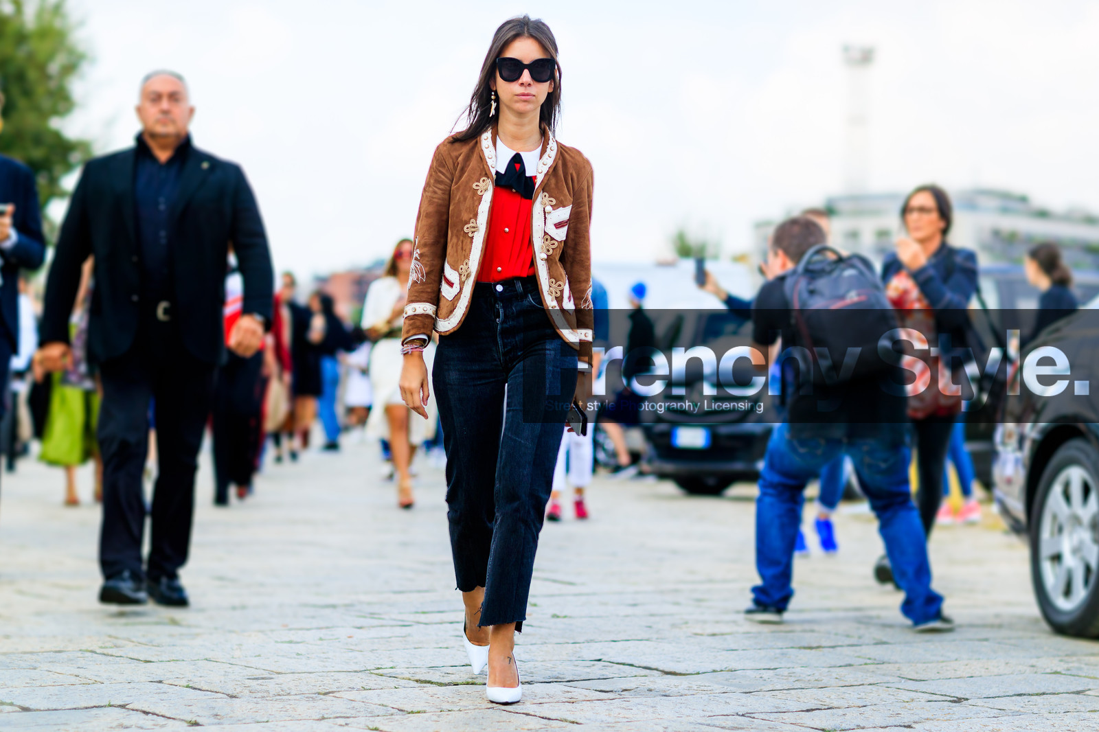 atmosphere details, blue denim, brown jacket, denim pants, fashion week, frenchystyle, full length, FW, high heels, horizontal, jeans, jonathan paciullo, leather shoes, MFW, MILAN, natasha goldenberg, red shirt, SPRING SUMMER 2017, SS 17, street style, suede jacket, sunglasses, trousers, white shoes