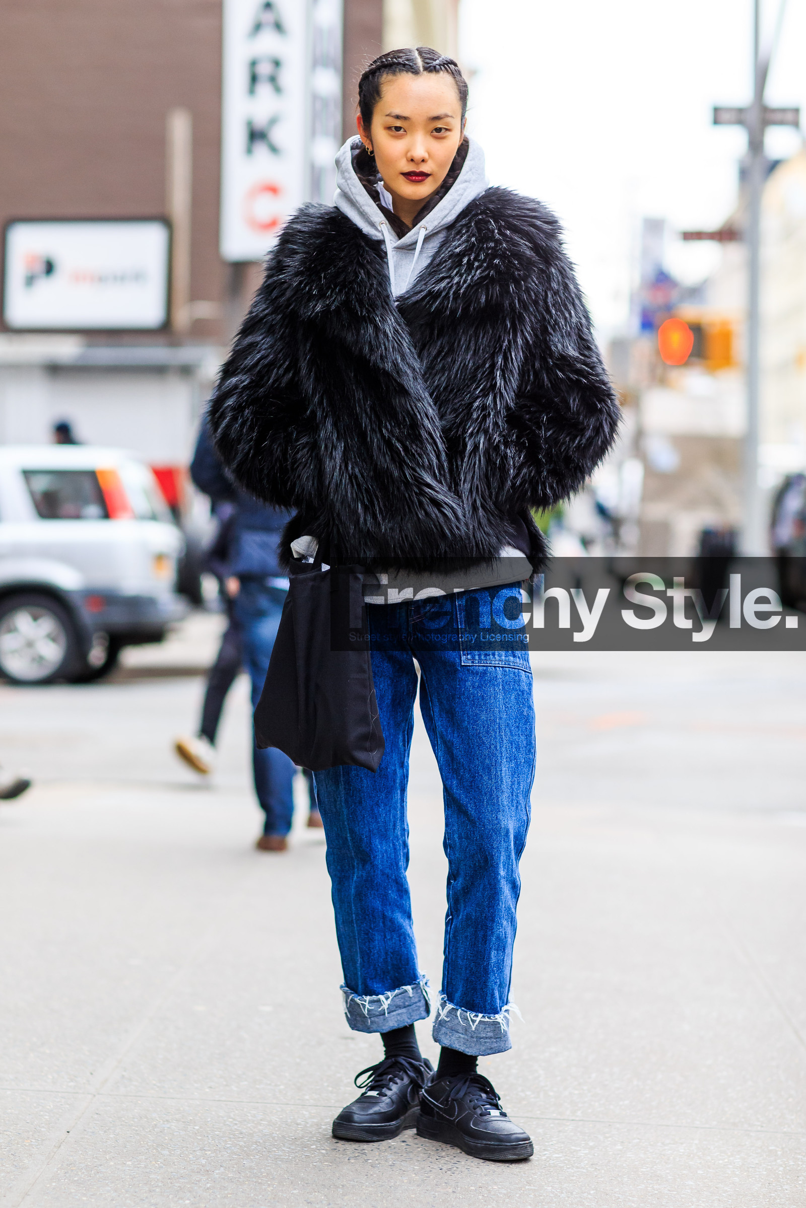 AUTUMN WINTER 2016-2017, AW 16-17, black, black bag, black fur, black jacket, black sneakers, blue, blue denim, braids, denim pants, FALL WINTER 2016-2017, fashion week, frenchystyle, full length, fur jacket, FW, FW 16-17, grey, grey sweater, hoodie, jeans, ji young kwak, jonathan paciullo, leather sneakers, model, NEW YORK, nike, NYFW, street style, trousers, vertical, woman