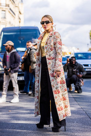 black denim, black pants, coat, denim, floral print, flower print, gold top, hoops, jean, oversize hoops, pants, printed coat, rectangle sunglasses, sequins, sunglasses, Tina Leung, flare pants, heels, black heels, fashion week, frenchystyle, FW, jonathan paciullo, street style, PFW, PARIS, SPRING SUMMER 2022, SS 22, vertical, full length