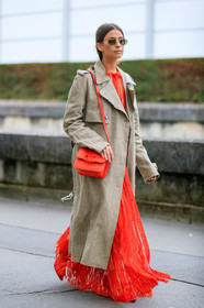 amanda alagem, red leather bag, valentino bag, red dress, long dress, brocart dress, sheer dress, light beige trench coat, floral embroidered dress, floral printed dress, PARIS, PFW, SPRING SUMMER 2020, SS 20, fashion week, frenchystyle, FW, jonathan paciullo, street style, vertical, full length