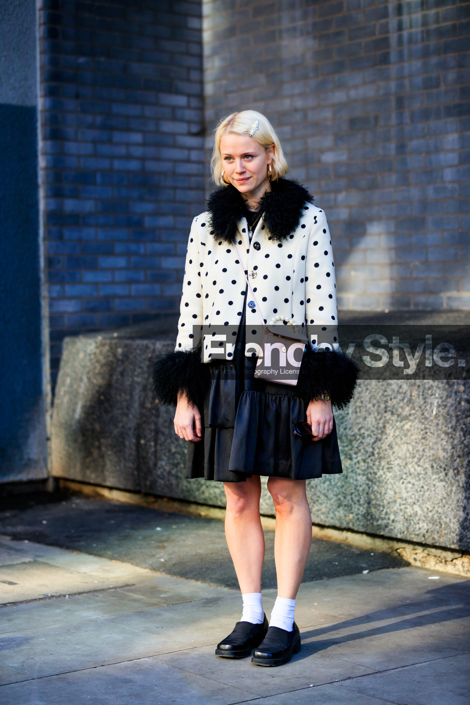 black dress, black shoes, earrings, fur collar, graphic jacket, hair clip, leather bag, leather shoes, polka dot, printed jacket, white jacket, white socks, fashion week, frenchystyle, FW, jonathan paciullo, street style, LFW, LONDON, AUTUMN WINTER 2019-2020, AW 19-20, FW 19-20, FALL WINTER 2019-2020, vertical, full length