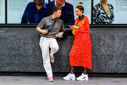black bag, brown shirt, bun, converse, earrings, fanny pack, graphic dress, leather bag, leather shoes, orange scarf, printed dress, red dress, red sneakers, tights, trousers, white pants, white sneakers, fashion week, frenchystyle, FW, jonathan paciullo, street style, LFW, LONDON, SPRING SUMMER 2019, SS 19, atmosphere details, horizontal, full length