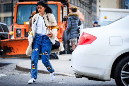 atmosphere details, AUTUMN WINTER 2016-2017, AW 16-17, blue denim, cartoon, denim pants, embroidered jeans, fashion week, frenchystyle, full length, fur jacket, FW, FW 16-17, horizontal, jeans, jonathan paciullo, laura comolli, mickey mouse, NEW YORK, nike, NYFW, street style, trousers, white fur, white jacket, white sneakers, white top, woman