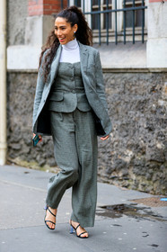white jacket, black jacket, black top, black pants, white pants, white top, white pullover, turtleneck pullover, turtleneck top, strapless top, checked jacket, checked pants, checked top, houndstooth printed jacket, houndstooth printed look, houndstooth printed pants, houndstooth printed top, button top, grey jacket, grey pants, grey top, fashion week, frenchystyle, FW, jonathan paciullo, street style, PFW, PARIS, vertical, full length