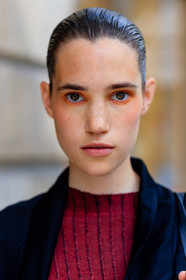 AUTUMN WINTER 2016-2017, AW 16-17, black jacket, detail, eyeshadow, FALL WINTER 2016-2017, fashion week, frenchystyle, FW, FW 16-17, HAUTE COUTURE, jonathan paciullo, MENSWEAR, model, natural, PARIS, PFW, portrait, pulled back hair, red sweater, skincare, street style, vertical, wet hair