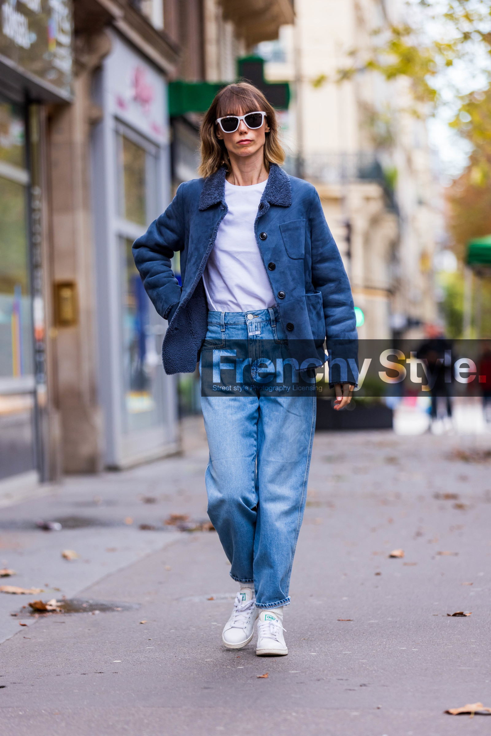 adidas, Anya Ziourova, blue denim, blue jacket, blue jean, denim, jacket, jean, sneakers, suede jacket, sunglasses, t-shirt, white sneakers, white sunglasses, white t-shirt, fashion week, frenchystyle, FW, jonathan paciullo, street style, PFW, PARIS, SPRING SUMMER 2022, SS 22, vertical, full length