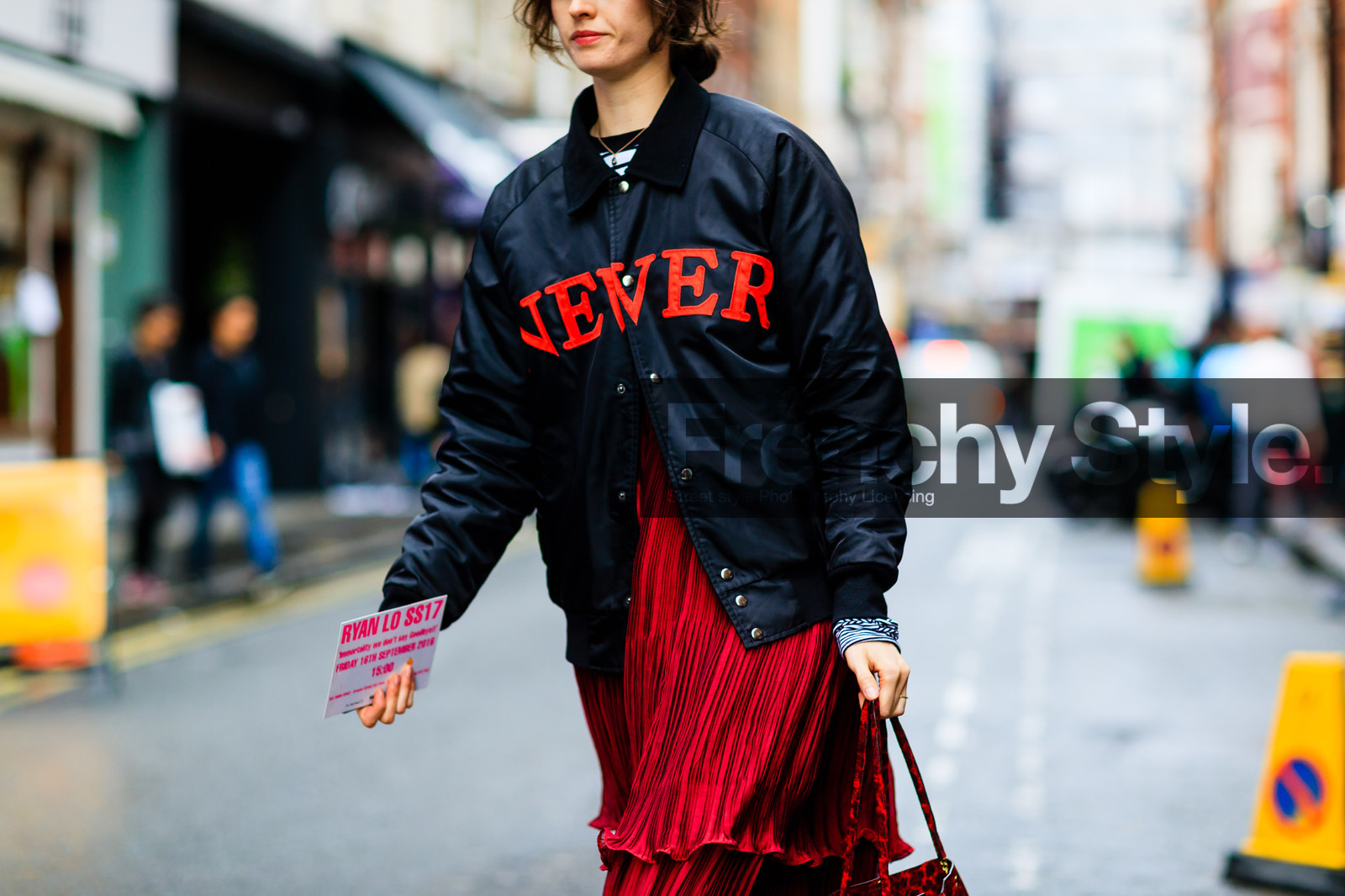 atmosphere details, black jacket, bomber jacket, detail, fashion week, frenchystyle, FW, horizontal, jonathan paciullo, LFW, LONDON, pleated dress, red dress, SPRING SUMMER 2017, SS 17, street style, velvet, woman