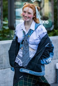 bead necklace, blue jacket, blue tie, blush, checked jacket, checked skirt, green skirt, hairstyle, jacket, lace, makeup, patchwork, pony tail, print, printed jacket, printed skirt, printed tie, ruggles, skirt, smartphone, sock, tartan skirt, tie, white shirt, fashion week, frenchystyle, FW, jonathan paciullo, street style, PFW, PARIS, SPRING SUMMER 2022, SS 22, vertical, atmosphere details