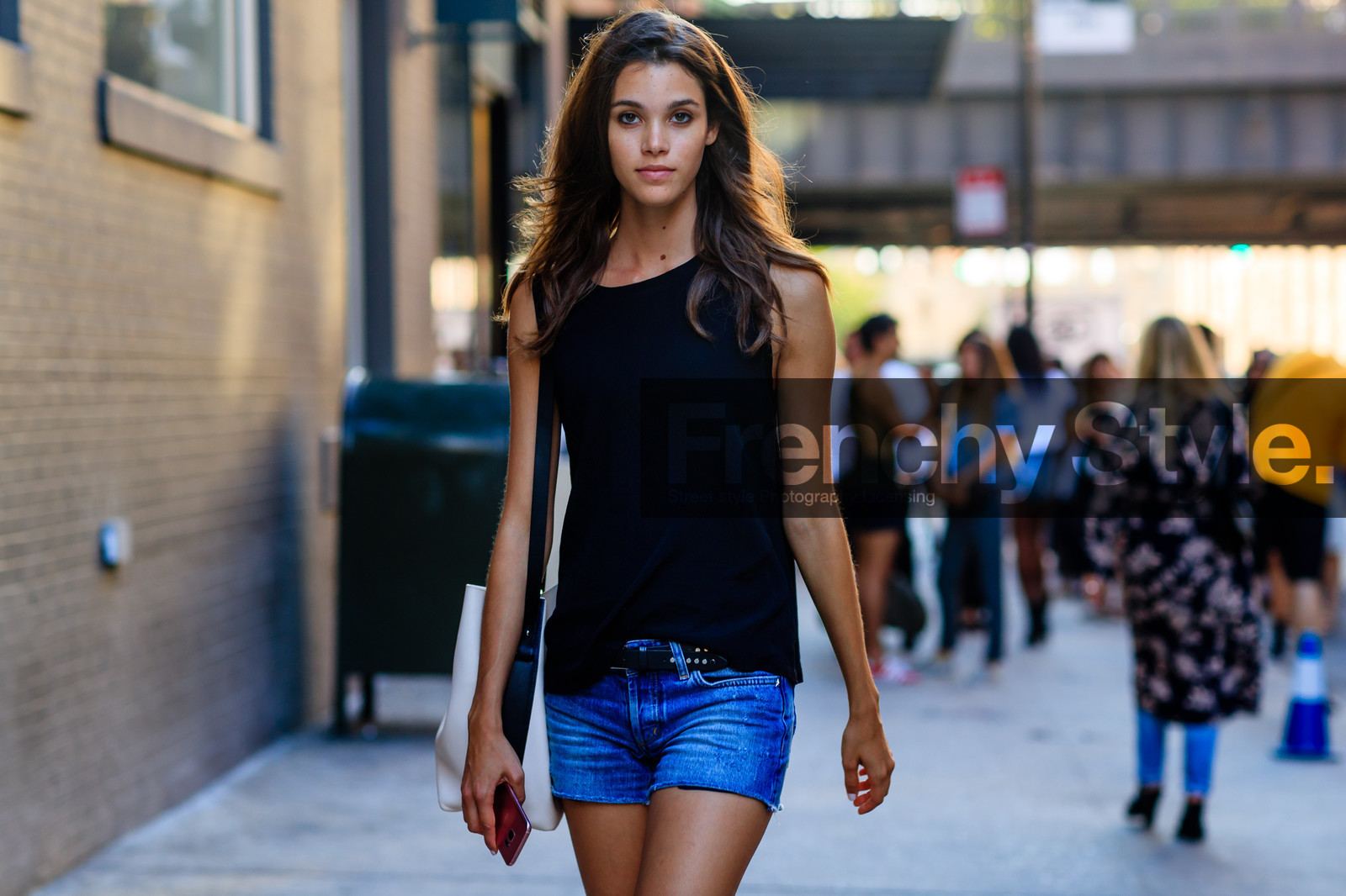atmosphere details, black belt, black tank top, blue denim, denim shorts, detail, fashion week, frenchystyle, FW, horizontal, jonathan paciullo, long hair, model, NEW YORK, NYFW, pauline hoarau, SPRING SUMMER 2017, SS 17, street style, woman