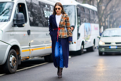 atmosphere details, AUTUMN WINTER 2017-2018, AW 17-18, blue denim, brown bag, checked jacket, earrings, FALL WINTER 2017-2018, fashion week, frenchystyle, full length, FW, FW 17-18, graphic coat, graphic jacket, high heels, horizontal, jeans, jonathan paciullo, leather backpack, leather bag, leather shoes, louis vuitton, MFW, MILAN, monogram, patricia manfield, plaid, printed bag, printed coat, printed jacket, street style, sunglasses, tartan, trousers, white t shirt