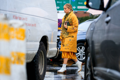 braids, chloe king, graphic jacket, leather bag, leather shoes, printed jacket, velvet, white boots, yellow coat, yellow skirt, street style, jonathan paciullo, FW, frenchystyle, fashion week, NYFW, NEW YORK, SPRING SUMMER 2019, SS 19, atmosphere details, horizontal, full length