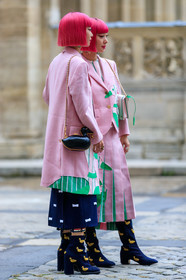 Ami and Aya Suzuki, light pink coat, light pink jacket, light pink skirt, embroidered jacket, embroidered coat, embroidered skirt, embroidered boots, green jacket, green coat, green skirt, striped coat, striped jacket, striped skirt, animal print jacket, animal print coat, animal printed boots, animal printed skirt, pleated skirt, navy blue skirt, navy blue boots, golden boots, high heels boots, low boots, black leather bag, golden chain strap bag, shoulder bag, animal shape bag, pink hair, dyed hair, make up, make up details, pink eyeliner, pink eyeshadows, thom browne look, thom browne jacket, thom browne coat, thom browne skirt, thom browne boots, thom browne bag, fashion week, frenchystyle, FW, jonathan paciullo, street style, PFW, PARIS, SPRING SUMMER 2020, SS 20, horizontal, full length