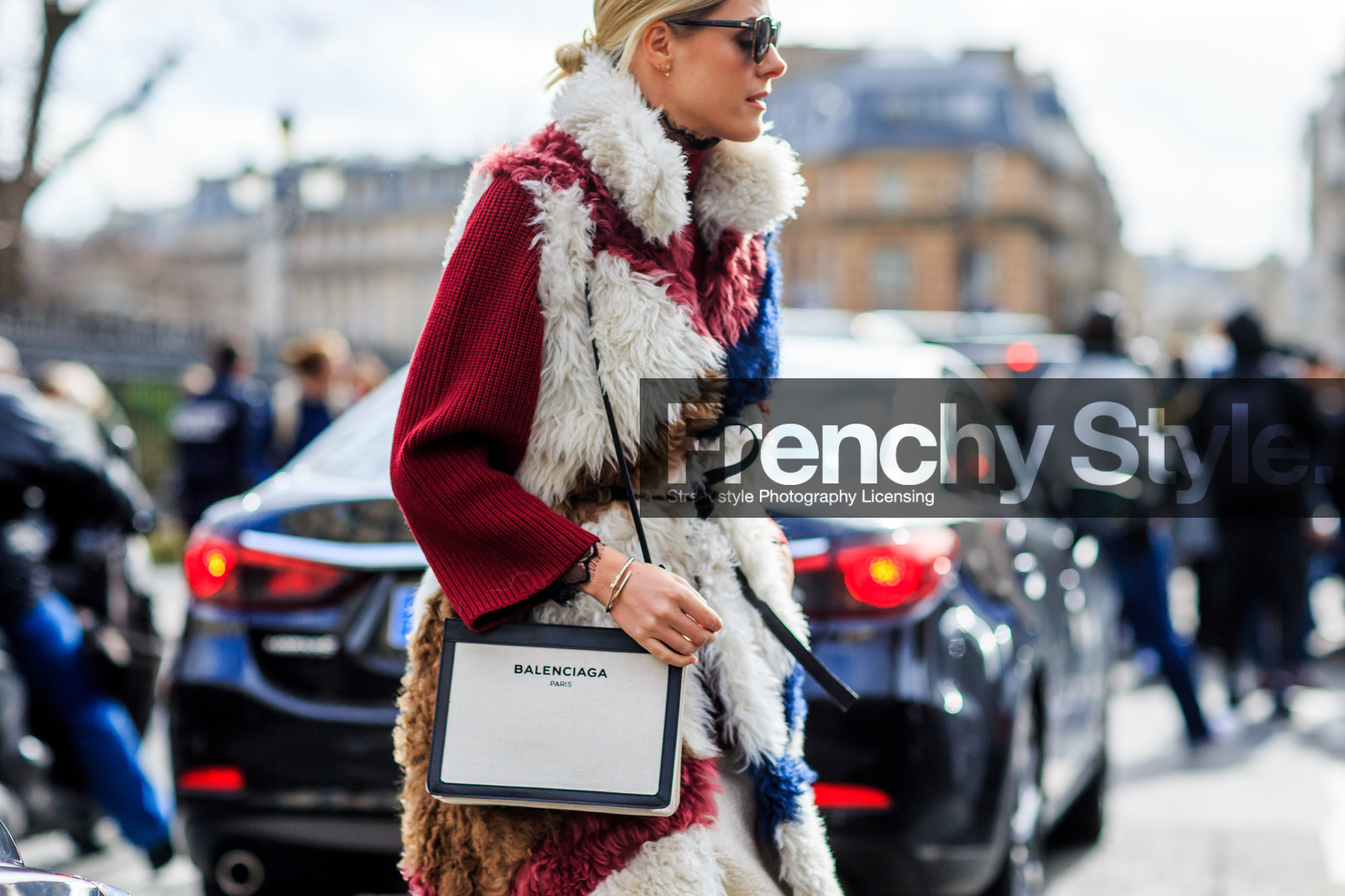 atmosphere details, AUTUMN WINTER 2016-2017, AW 16-17, balenciaga, detail, FALL WINTER 2016-2017, fashion week, frenchystyle, fur jacket, FW, FW 16-17, horizontal, jonathan paciullo, leather bag, PARIS, PFW, red knit, red sweater, shearling, sleeveless, sofie valkiers, street style, sunglasses, white bag, white fur
