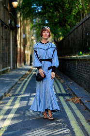 golden necklace, striped dress, long sleeves dress, light blue dress, black bag, mini bag, satin bag, christian dior ring, golden bracelet, black sandals, nude shoes, black sunglasses, sunglasses, fashion week, frenchystyle, FW, jonathan paciullo, street style, vertical, full length