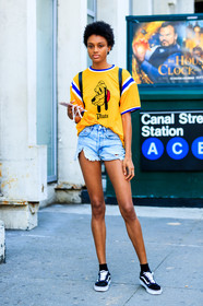 black shoes, black sneakers, black socks, blue denim, blue shorts, denim pants, denim shorts, jeans, leather shoes, model, printed t shirt, vans, yellow t shirt, fashion week, frenchystyle, FW, jonathan paciullo, street style, NYFW, NEW YORK, SPRING SUMMER 2019, SS 19, vertical, full length