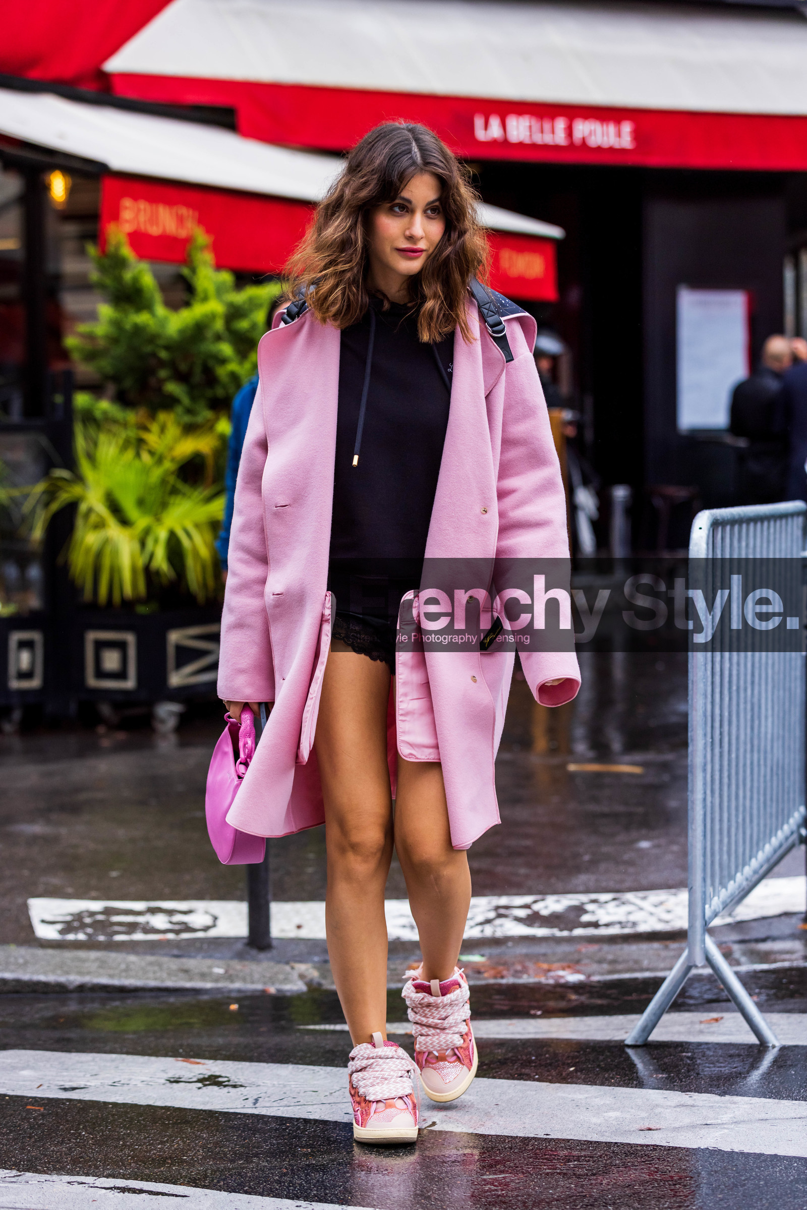 bag, black hoodie, black sweater, coat, hoodie, lanvin bag, leather bag, Nour Arida, pink bag, pink coat, pink sneakers, printed sneakers, sneakers, sweater, trench, wool coat, fashion week, frenchystyle, FW, jonathan paciullo, street style, PFW, PARIS, SPRING SUMMER 2022, SS 22, vertical, full length