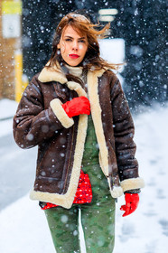 AUTUMN WINTER 2017-2018, AW 17-18, brown jacket, detail, FALL WINTER 2017-2018, fashion week, frenchystyle, FW, FW 17-18, green jumpsuit, jonathan paciullo, leather jacket, NEW YORK, NYFW, overall, red bag, red gloves, shearling, street style, trousers, vertical, white fur