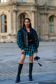 aleali may, black leather jacket, black leather top, black leather boots, black leather skirt, black leather belt, black polish bag, box bag, mini bag, hand bag, geometric shape bag, monogrammed bag, checked jacket, checked skirt, green skirt, green jacket, plaid jacket, plaid skirt, strapless top, mini skirt, cropped top, oversize jacket, high boots, louis vuitton bag, louis vuitton jacket, louis vuitton skirt, louis vuitton total look, louis vuitton boots, black lipstick, make up details, make up, golden necklace, letters necklace, PARIS, PFW, SPRING SUMMER 2020, SS 20, fashion week, frenchystyle, FW, jonathan paciullo, street style, vertical, full length