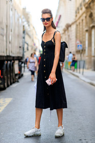 backpack, black bag, black dress, leather bag, leather shoes, sunglasses, white sneakers, fashion week, frenchystyle, FW, jonathan paciullo, street style, PFW, PARIS, vertical, full length, model, AUTUMN WINTER 2018-2019, FALL WINTER 2018-2019, FW 18-19