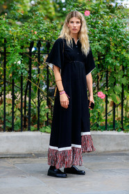 veronika heilbrunner, black dress, fringe dress, red dress, short sleeves dress, long dress, black socks, black loafers, animal skin shoes, animal skin bag, strassed bag, black leather bag, chain strap bag, hermes bracelet, fashion week, frenchystyle, FW, jonathan paciullo, street style, vertical, full length