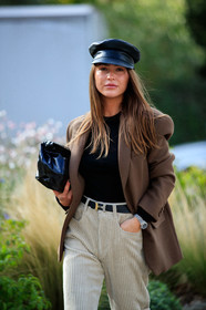 sophia roe, brown jacket, black cap, leather cap, oversize jacket, light beige pants, velvet pants, corduroy pants, hermes belt, black leather clutch, black leather belt, loose pants, silvered watch, rolex watch, PARIS, PFW, fashion week, frenchystyle, FW, jonathan paciullo, street style, SPRING SUMMER 2021, SS 21, vertical, atmosphere details, detail