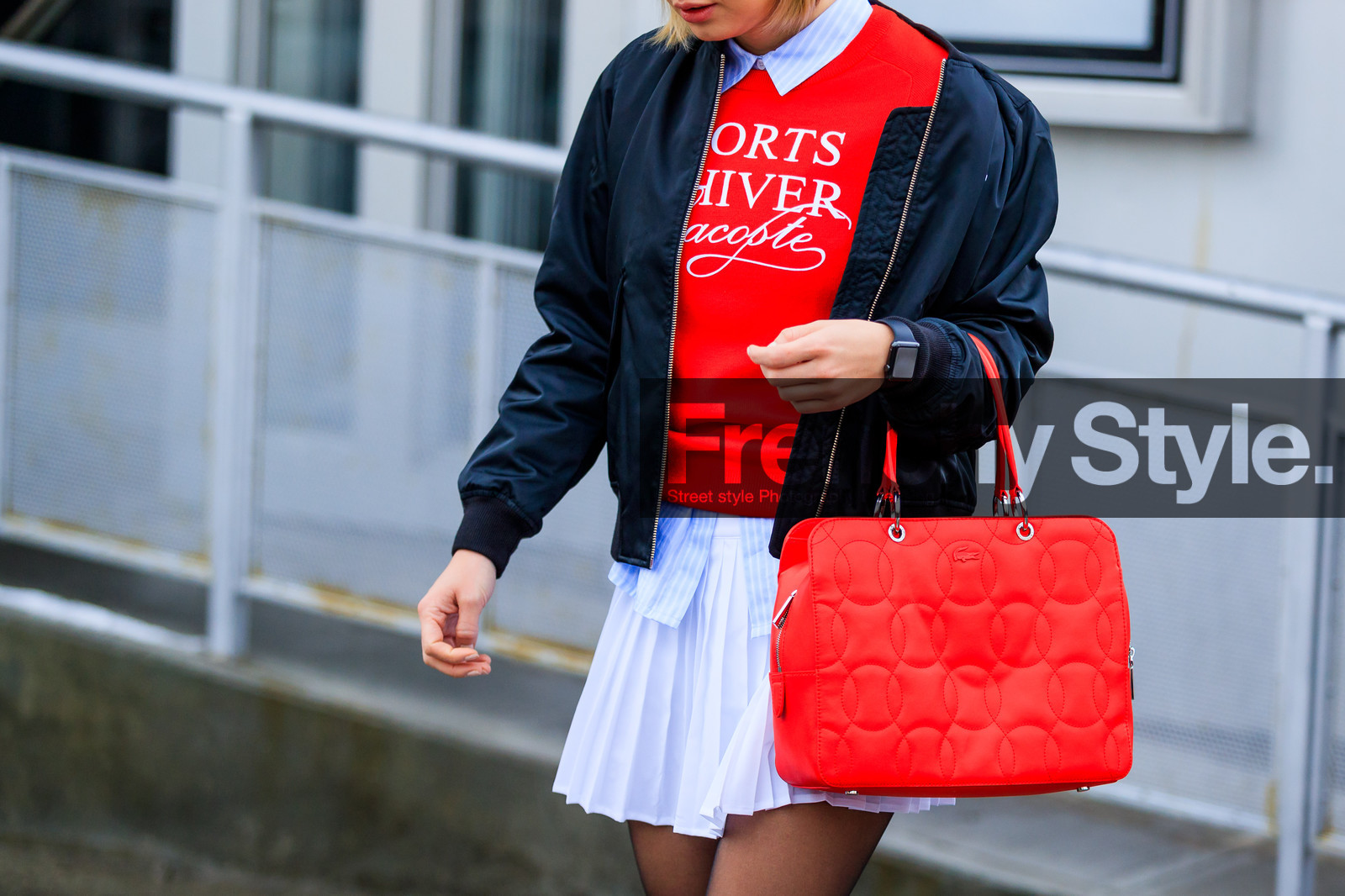 atmosphere details, AUTUMN WINTER 2017-2018, AW 17-18, black jacket, blue shirt, bomber jacket, detail, FALL WINTER 2017-2018, fashion week, frenchystyle, FW, FW 17-18, horizontal, jonathan paciullo, lacoste, leather bag, NEW YORK, NYFW, pleated skirt, printed sweater, red bag, red sweater, street style, striped shirt, white skirt
