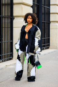 curls, neon green earrings, cut out top, black top, patched jacket, denim jacket, blue and kaki jacket, patched pants, denim pants, crossbody bag, black crossbody bag, neon green bag, paola locatelli, fashion week, frenchystyle, FW, jonathan paciullo, street style, AUTUMN WINTER 2022-2023, FALL WINTER 2022_2023, FW 22-23, PFW, PARIS, vertical, full length