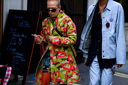 black skirt, floral, flowers, graphic jacket, green jacket, printed jacket, shaved head, sunglasses, tights, fashion week, frenchystyle, FW, jonathan paciullo, street style, LFW, LONDON, SPRING SUMMER 2019, SS 19, atmosphere details, horizontal, detail