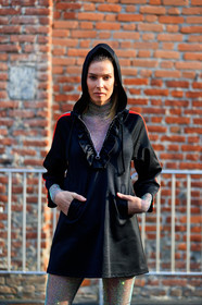 black sweater, embroidered jumpsuit, glitter, hoodie, sequined, sequined jumpsuit, shiny, fashion week, frenchystyle, FW, jonathan paciullo, street style, MFW, MILAN, AUTUMN WINTER 2018-2019, FALL WINTER 2018-2019, FW 18-19, vertical, detail, atmosphere details
