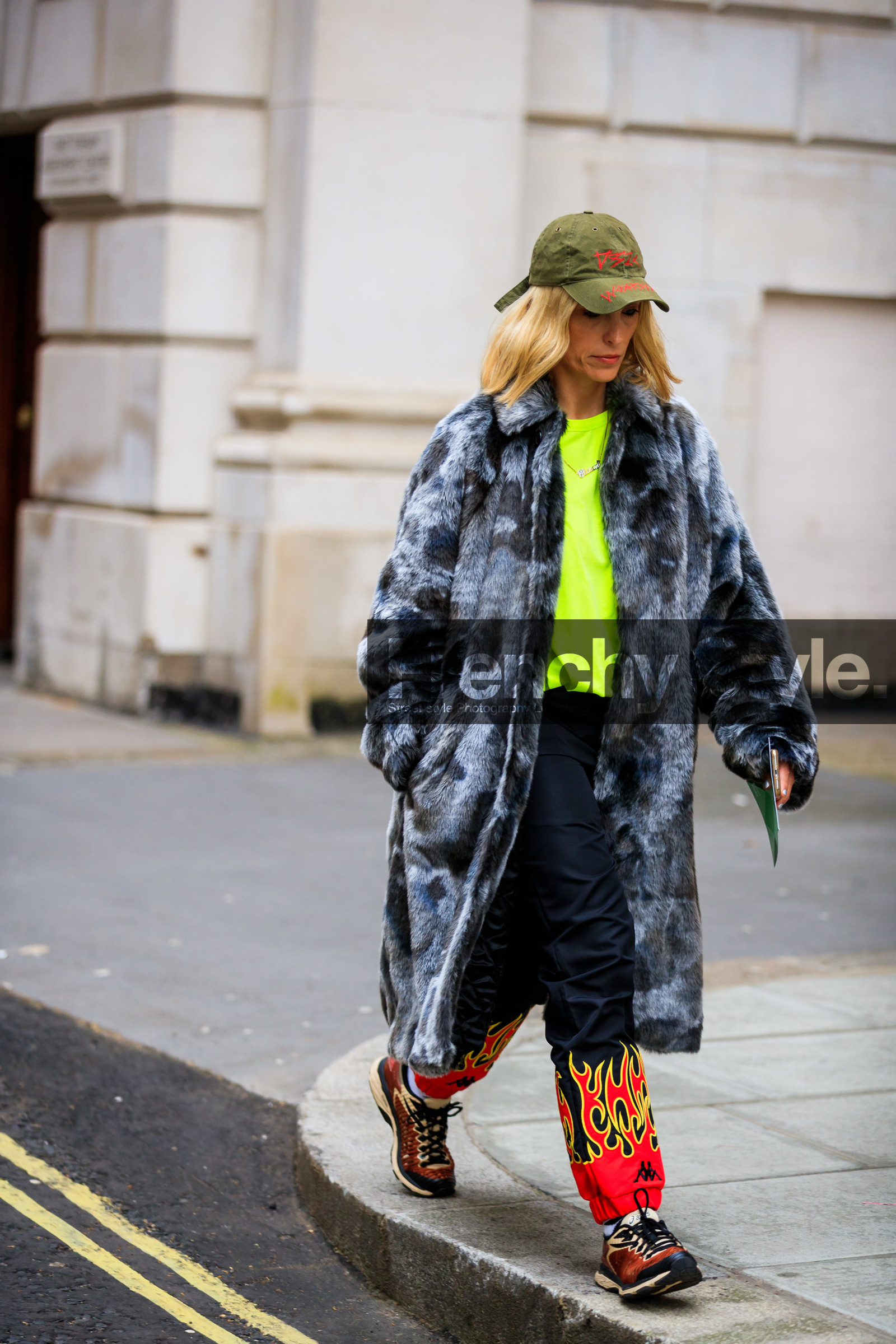 black pants, Fur coat, graphic pants, green hat, green sweater, grey coat, grey fur, leather shoes, neon, printed pants, red sneakers, sweatpants, trousers, street style, jonathan paciullo, FW, frenchystyle, fashion week, LFW, LONDON, AUTUMN WINTER 2019-2020, AW 19-20, FW 19-20, FALL WINTER 2019-2020, vertical, full length