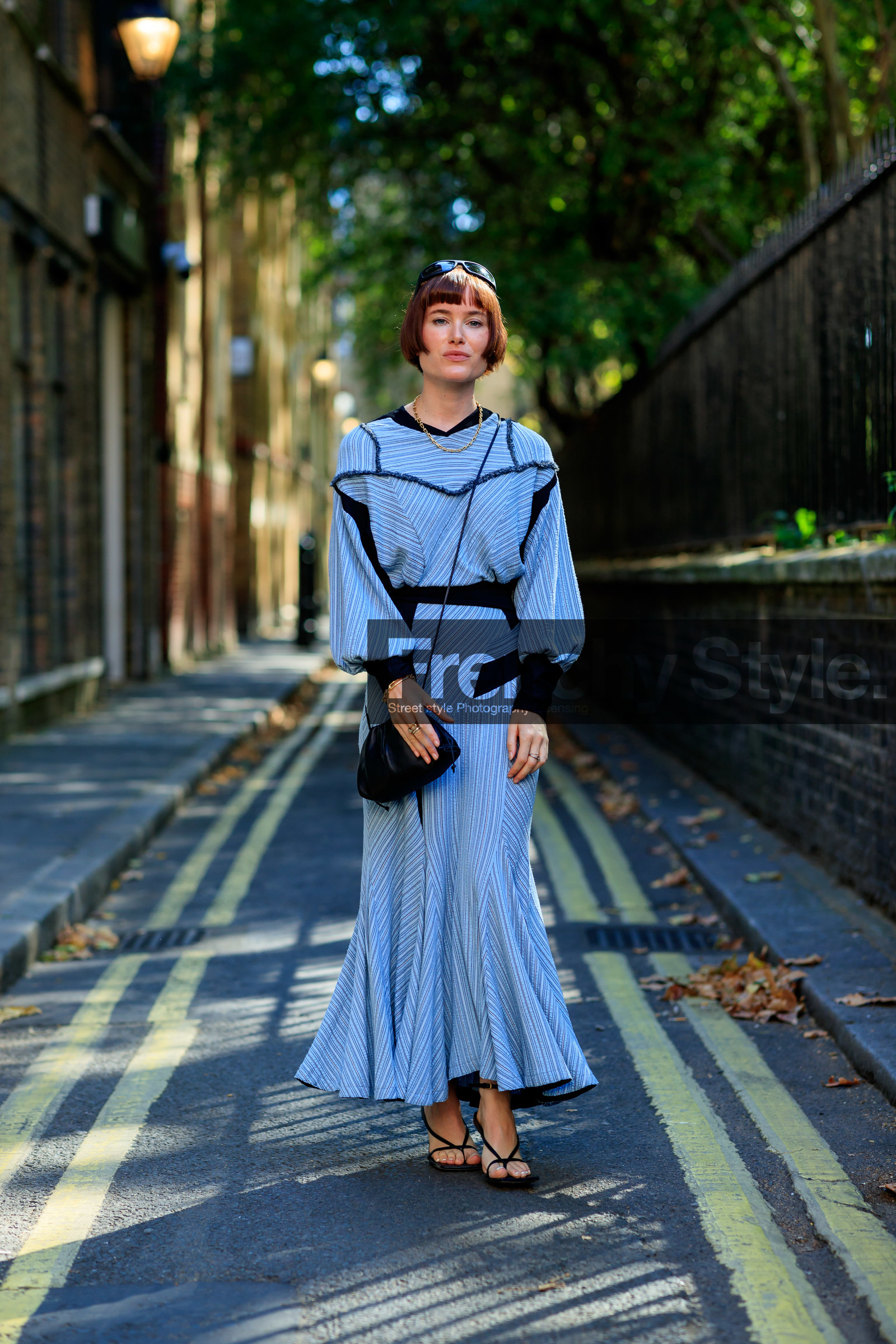 golden necklace, striped dress, long sleeves dress, light blue dress, black bag, mini bag, satin bag, christian dior ring, golden bracelet, black sandals, nude shoes, black sunglasses, sunglasses, fashion week, frenchystyle, FW, jonathan paciullo, street style, vertical, full length