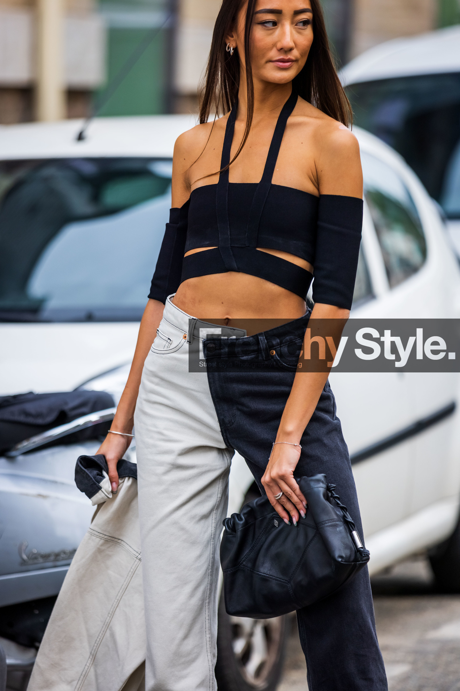 Nephtys Laurent, asymetrical jean, bag, bicolor pants, black and white, black bag, black denim, black pouch, black top, boots, crop top, cut out top, denim jacket, jacket, jean, leather bag, leather pouch, Nephtys Laurent, top, white denim, fashion week, frenchystyle, FW, jonathan paciullo, street style, PFW, PARIS, SPRING SUMMER 2022, SS 22, vertical, atmosphere details