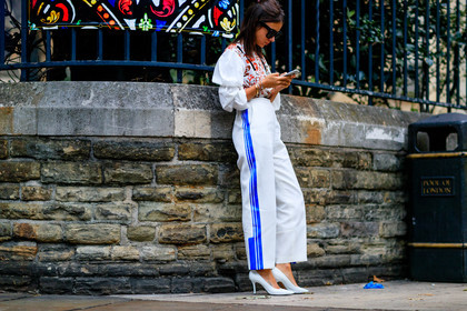 atmosphere details, bracelet, cartier, fashion week, frenchystyle, full length, FW, high heels, horizontal, jonathan paciullo, leather shoes, LFW, LONDON, natasha goldenberg, printed shirt, SPRING SUMMER 2017, SS 17, straps, street style, striped pants, sunglasses, trousers, white pants, white shirt, white shoes, woman