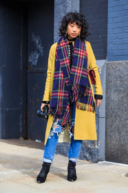 AUTUMN WINTER 2016-2017, AW 16-17, black boots, blue denim, blue scarf, checked scarf, denim pants, FALL WINTER 2016-2017, fashion week, frenchystyle, full length, FW, FW 16-17, jeans, jonathan paciullo, margaret, NEW YORK, NYFW, plaid, ripped pants, street style, striped scarf, stripes, tartan, trousers, vertical, woman, yellow coat, zhang
