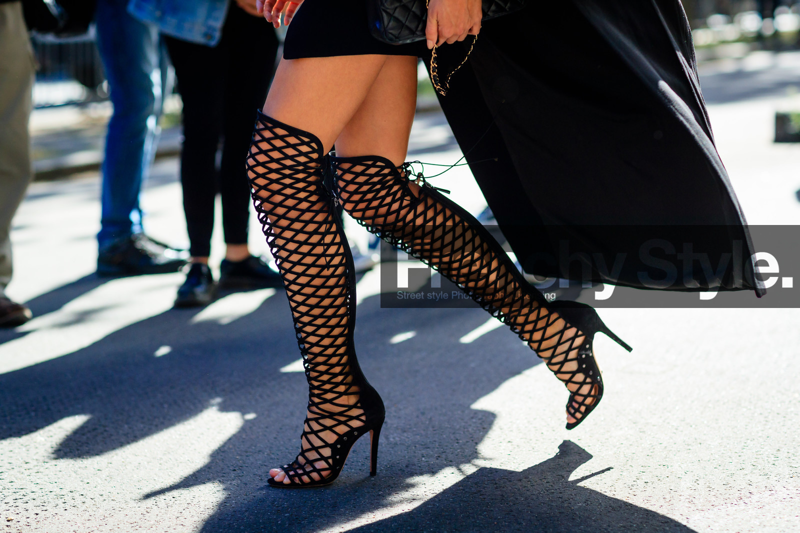 atmosphere details, black coat, black shoes, cape, detail, fashion week, fishnet, frenchystyle, FW, graphic shoes, high boots, high heels, horizontal, jonathan paciullo, leather bag, leather shoes, model, PARIS, PFW, sara sampaio, SPRING SUMMER 2017, SS 17, street style
