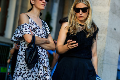 black and white, black bag, black pants, black top, graphic dress, lace top, leather bag, printed dress, sunglasses, white dress, fashion week, frenchystyle, FW, jonathan paciullo, street style, PFW, PARIS, atmosphere details, horizontal, detail, AUTUMN WINTER 2018-2019, FALL WINTER 2018-2019, FW 18-19