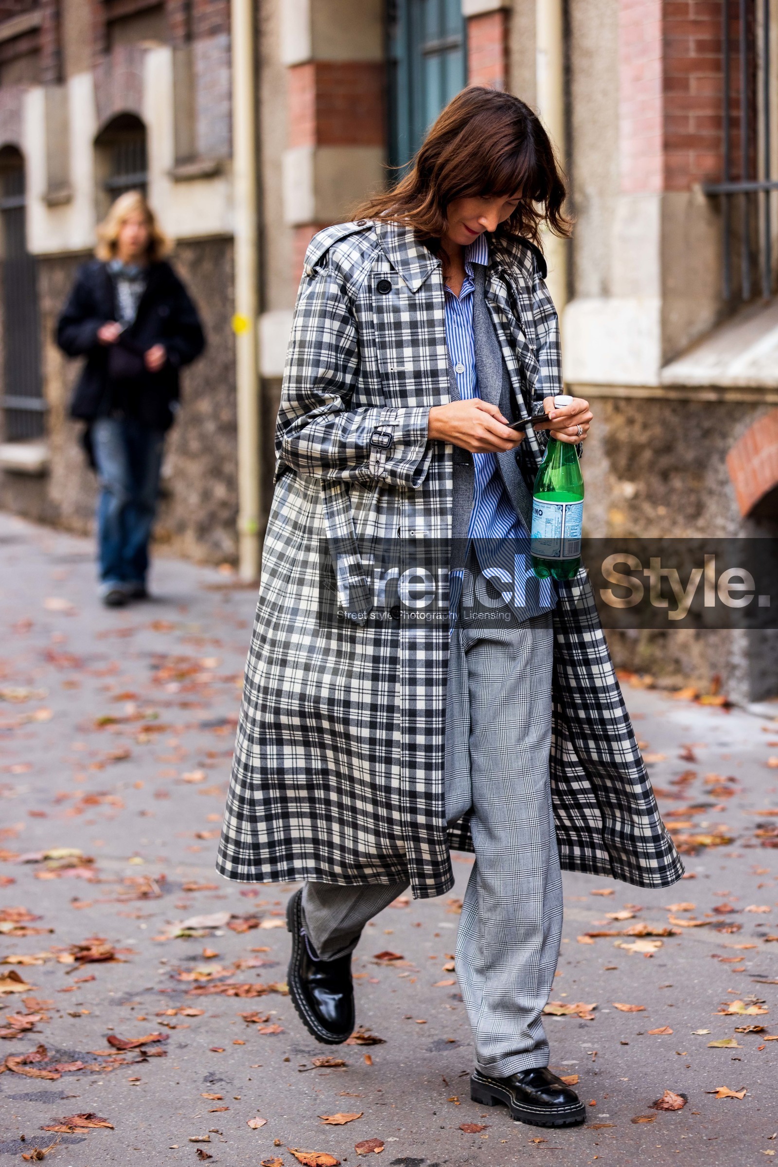 black and white, black derbies, blue shirt, check, checked trenchcoat, derbies, grey pants, grey trenchcoat, print, printed pants, printed trenchcoat, shirt, striped shirt, stripes, suits, tartan blazer, tartan pants, tartan suits, trenchcoat, fashion week, frenchystyle, FW, jonathan paciullo, street style, PFW, PARIS, SPRING SUMMER 2022, SS 22, vertical, full length