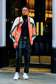black belt, donna wallace, earrings, fringes, graphic jacket, graphic pants, green pants, leather bag, leather belt, leather shoes, orange jacket, printed jacket, printed pants, striped pants, sunglasses, trousers, white sneakers, fashion week, frenchystyle, FW, jonathan paciullo, street style, LFW, LONDON, SPRING SUMMER 2019, SS 19, vertical, full length