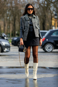 black sunglasses, big sunglasses, square shape glasses, futurist shape sunglasses, brocart jacket, sleeveless jacket, chain details, black jacket, black leather bag, black polish top, black skirt, black tights, white leather boots, high boots, high heels boots, quilted bag, box bag, mini skirt, wrap skirt, chanel bag, fashion week, frenchystyle, FW, jonathan paciullo, street style, PFW, PARIS, vertical, full length