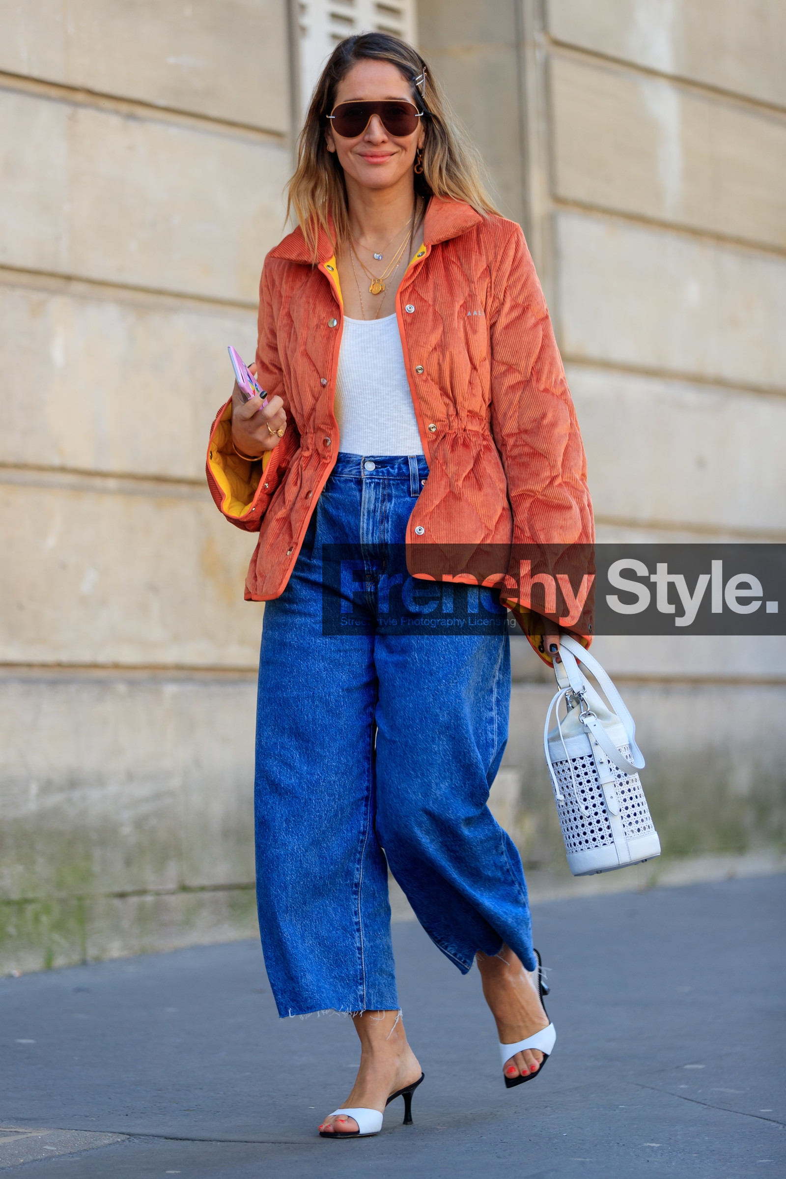 blue denim, corduroy, denim pants, high heels, jeans, leather bag, leather shoes, necklace, orange jacket, sunglasses, tiany kiriloff, trousers, white bag, white shoes, white top, PARIS, PFW, street style, jonathan paciullo, FW, frenchystyle, fashion week, AUTUMN WINTER 2019-2020, AW 19-20, FALL WINTER 2019-2020, FW 19-20, vertical, full length
