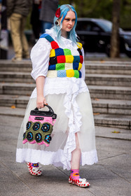 bag, ballon sleeves, blue hairstyle, crochet, crochet bag, dress, embroidery, flats, hairstyle, Kristen Bateman, marni bag, multicolor, pink socks, red ballerines, ruffles, socks, white ballerines, white dress, fashion week, frenchystyle, FW, jonathan paciullo, street style, PFW, PARIS, SPRING SUMMER 2022, SS 22, vertical, full length