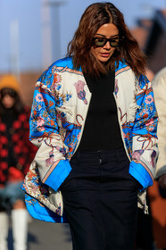 black skirt, black sweater, Christine Centenera, floral, flowers, graphic jacket, printed jacket, sunglasses, white jacket, fashion week, frenchystyle, FW, jonathan paciullo, street style, MFW, MILAN, AUTUMN WINTER 2019-2020, AW 19-20, FALL WINTER 2019-2020, FW 19-20, vertical, atmosphere details, detail