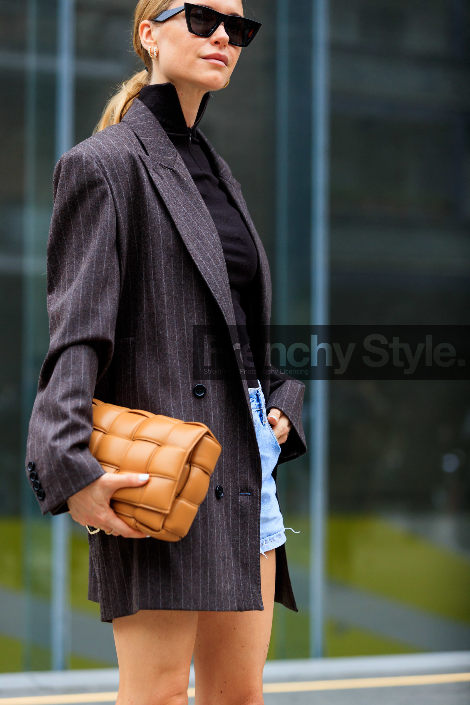 pernille teisbaek, celine sunglasses, black sunglasses, futurist shape sunglasses, black top, turtleneck top, zipped top, denim shorts, mini shorts, light blue denim shorts, striped jacket, dark grey jacket, oversize jacket, plaited bag, camel leather bag, bottega veneta bag, fashion week, frenchystyle, FW, jonathan paciullo, street style, MFW, MILAN, SPRING SUMMER 2020, SS 20