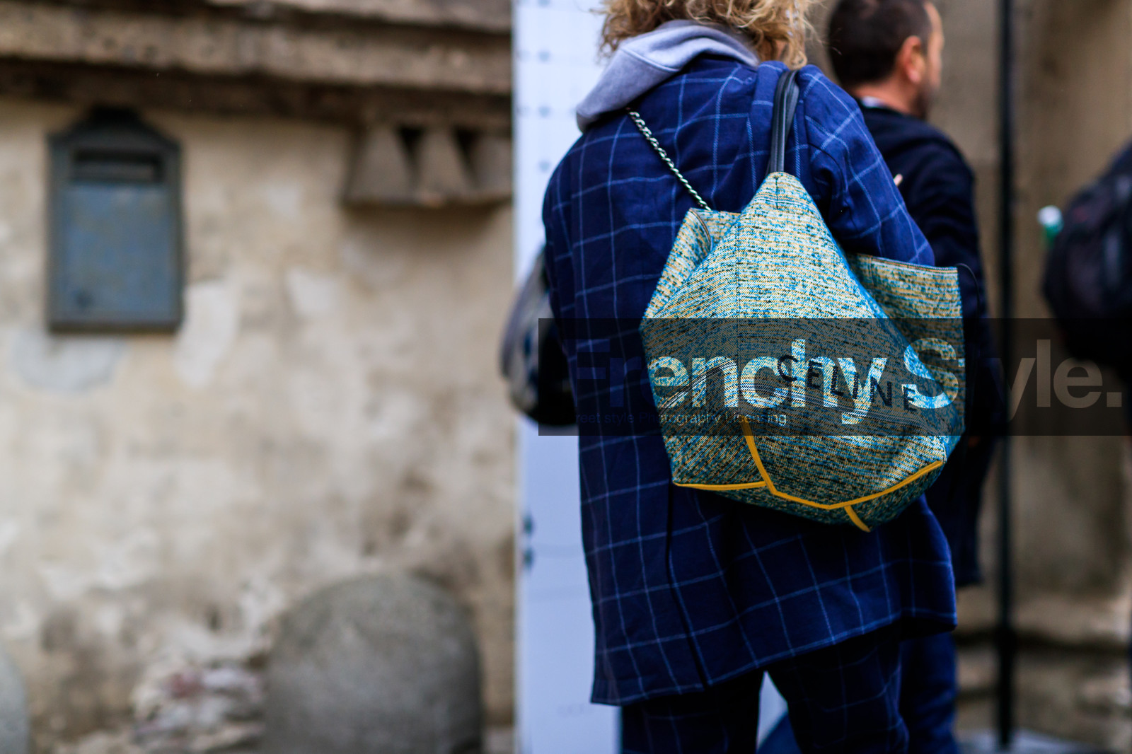 blue bag, blue jacket, checked, céline, graphic bag, graphic jacket, leather bag, plaid, printed bag, printed jacket, fashion week, frenchystyle, FW, jonathan paciullo, street style, MFW, MILAN, AUTUMN WINTER 2018-2019, FALL WINTER 2018-2019, FW 18-19, horizontal, atmosphere details