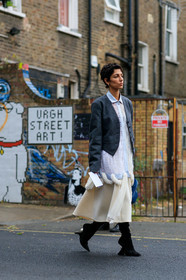 yasmin sewell, black boots, black suede boots, blue leather bag, cropped jacket, dark grey jacket, drape shirt, geometrical heel, j w anderson bag, knot details, lace shirt, light blue shirt, long shirt, mid long skirt, sheer shirt, silk skirt, white skirt, fashion week, frenchystyle, FW, jonathan paciullo, street style, vertical, full length