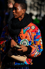 beige bag, black scarf, bomber jacket, earrings, graphic jacket, leather bag, moschino, multicolor jacket, orange jacket, printed jacket, shaved head, fashion week, frenchystyle, FW, jonathan paciullo, street style, LFW, LONDON, AUTUMN WINTER 2019-2020, AW 19-20, FW 19-20, FALL WINTER 2019-2020, vertical, atmosphere details, detail